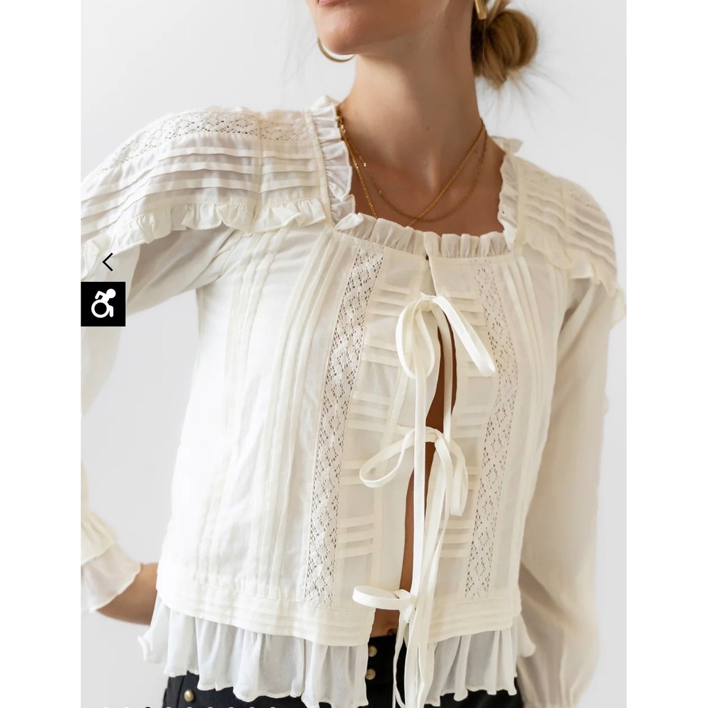 Bohme White Cotton Lace Pintuck Ruffle Tie Front Blouse XS Cottagecore Romantic